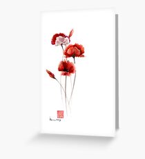 Red and orange poppies nature field watercolor painting summer fragrances Greeting Card