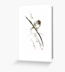 Little bird on branch watercolor original ink painting artwork Greeting Card