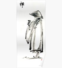 Buddhist monk with a bowl zen calligraphy 禅 original ink painting artwork Poster