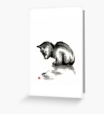 Funny cute little black cat and beetle Japanese sumi-e original ink painting art print Greeting Card