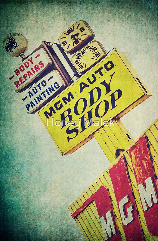 "MGM Auto Body Shop Vintage Sign" Posters by Honey Malek Redbubble