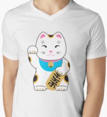 Camiseta de cuello en V Patrón de gato Buena suerte Maneki-neko