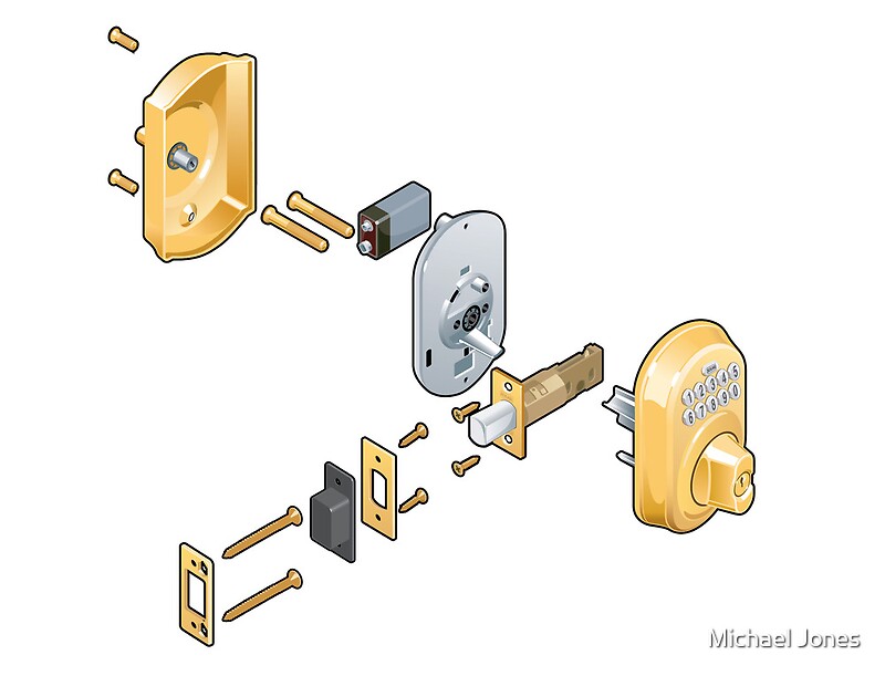 "Door lock (exploded view)" Photographic Prints by Michael Jones