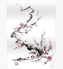 Sakura cherry blossom pink and red flowers tree watercolor original ink painting Poster