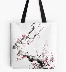 Sakura cherry blossom pink and red flowers tree watercolor original ink painting Tote Bag