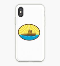 River Tugboat Oval Woodcut iPhone Case