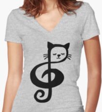 Camiseta entallada de cuello en V Treble-Clef Cat
