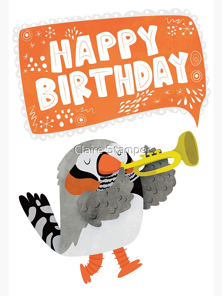 Happy Birthday Zebra Finch Playing A Trumpet Greeting Card By