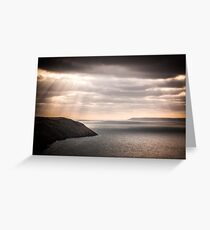 lundy island and baggy point on a dark afternoon Greeting Card