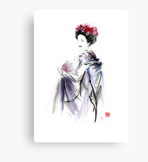 Geisha Japanese woman in Tokyo fresh flowers kimono original Japan painting art Canvas Print