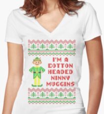 Funny Elf Cotton Headed Ninny Muggins Ugly Sweater Women's Fitted V-Neck T-Shirt