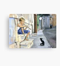 Boy playing flute for cat Canvas Print