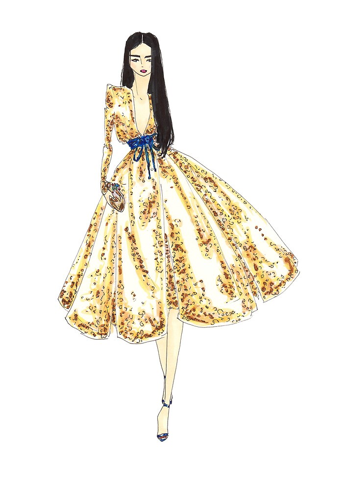 "Fashion Illustration 'Gold Sequin Dress' Fashion Art" by 