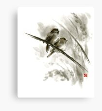 Sparrows sumi-e bird birds on branches original ink painting artwork Canvas Print