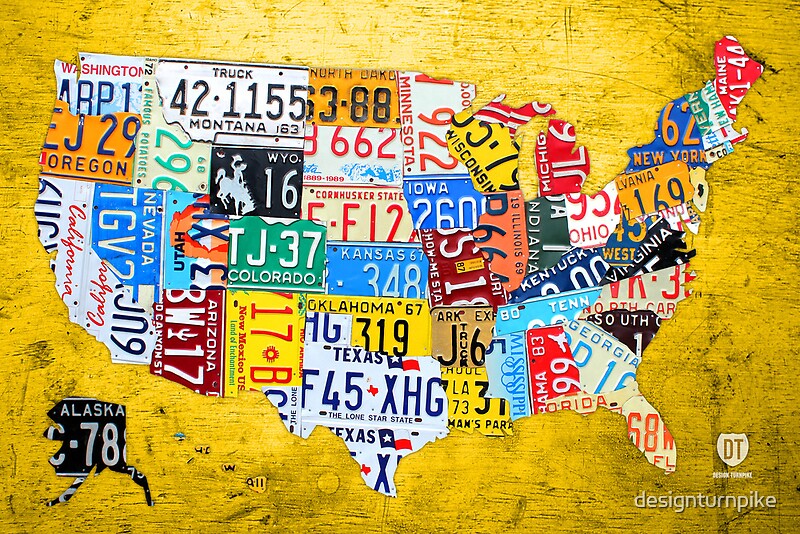 "License Plate Map of the USA Car Tag Number Plate Art on Yellow" by