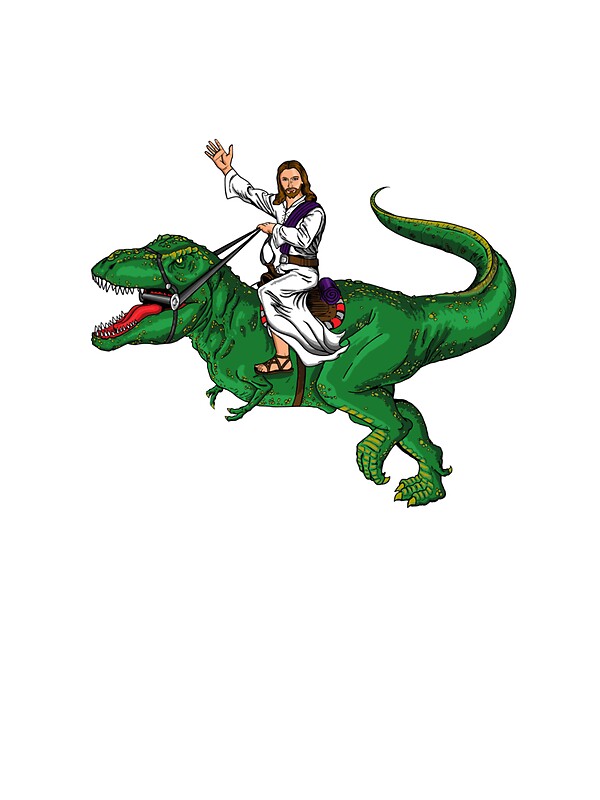 jesus riding a velociraptor