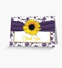 Yellow Sunflower Purple Damask Floral Thank You Card Greeting Card