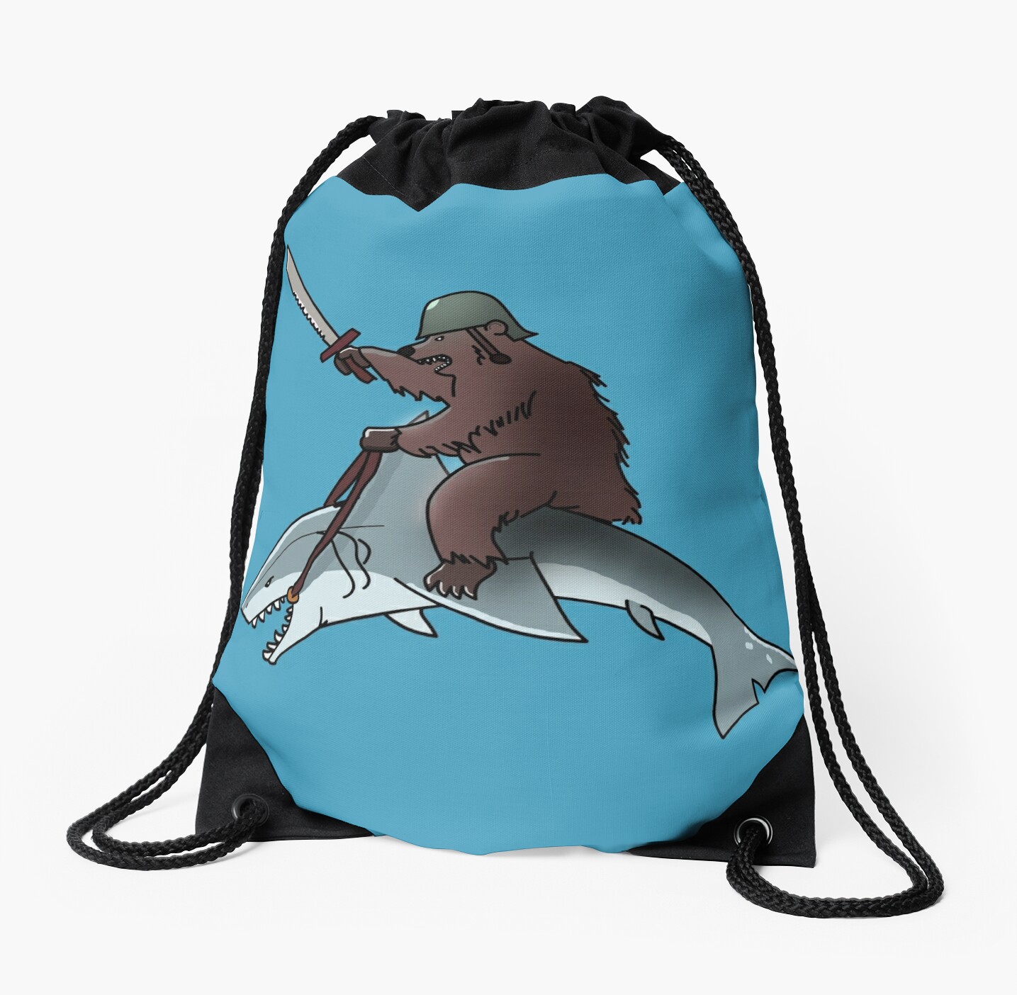 "Bear riding a shark" Drawstring Bags by kijkopdeklok | Redbubble