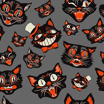Artwork thumbnail, Retro Vintage Halloween Black Cat Faces Pattern - GRAY Background by ctkrstudio