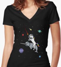 Unicorn Riding Narwhal In Space Women's Fitted V-Neck T-Shirt