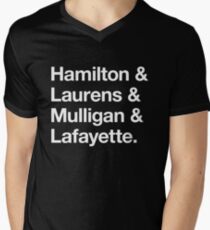 Helvetica Hamilton and Laurens and Mulligan and Lafayette (White on Black) Men's V-Neck T-Shirt