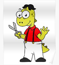 Illustration of a Tyrannosaurus Rex barber with scissors. Poster