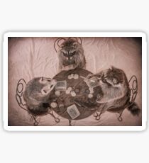 Two raccoons and opossum playing poker from above Sticker