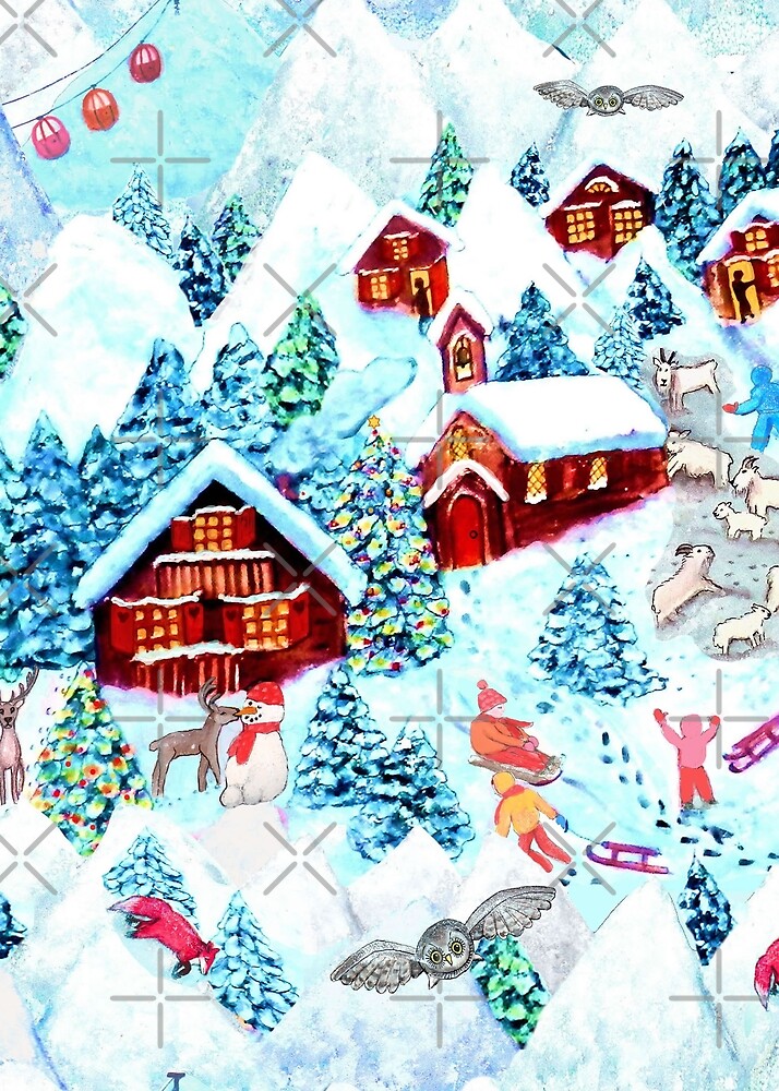 Christmas Alpine Village  watercolor painting with kids, reindeer, owls, mountains, mountain goats, kids and christmas trees by MagentaRose