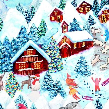 Artwork thumbnail, Christmas Alpine Village  watercolor painting with kids, reindeer, owls, mountains, mountain goats, kids and christmas trees by MagentaRose