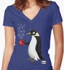 Penguin with hot coffee Women's Fitted V-Neck T-Shirt