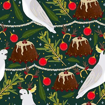 Artwork thumbnail, Christmas Australian Sulfur Crested Cockatoo Parrot Pudding Wattle by LozzaElizabeth