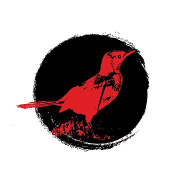 Graphic of grungy red bird on black circle