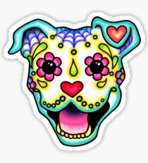 Smiling Pit Bull in White - Day of the Dead Pitbull - Sugar Skull Dog Sticker
