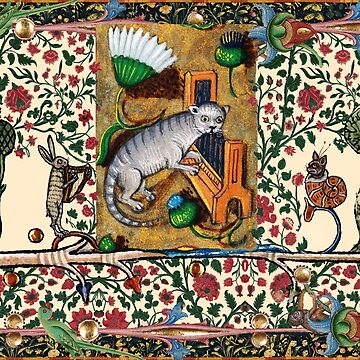 Artwork thumbnail, WEIRD MEDIEVAL BESTIARY MAKING MUSIC,Cat Playing Organ,Harpist Rabbit,Snail Cat by BulganLumini