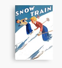 Vintage Christmas Art - Couple Skiing Metal Print