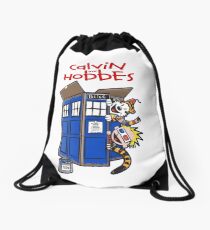 calvin and hobbes police box Drawstring Bag