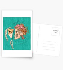 illustration with skull holding a human face mask Postcards