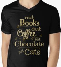 Camiseta para hombre de cuello en v leer libros, tomar café, comer chocolate, gatos domésticos