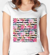 Cute spring floral and stripes watercolor pattern Women's Fitted Scoop T-Shirt