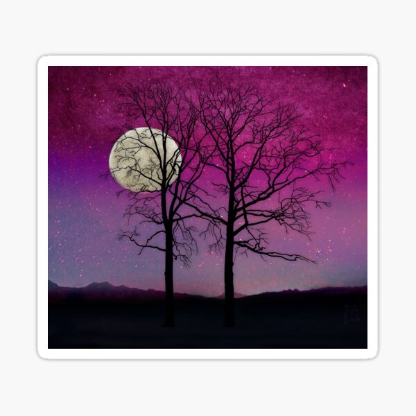 Harvest Moon, trees, pink opal sky stars Solitude II Sticker