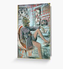 Eidechse Menschen Kunstdruck Alien Basis UFO fliegende Untertasse 70er Jahre 80er 60er Jahre weibliche Modell schneiden und einfügen Bänder Computer 80's Joe Badon Kleid Ei Stuhl Grußkarte