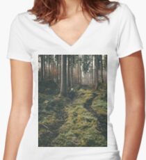 Boy walking through mystic forest landscape photography Women's Fitted V-Neck T-Shirt