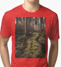 Boy walking through mystic forest landscape photography Tri-blend T-Shirt