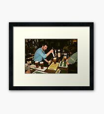 Landlord serving pints of beer, UK, 1980s. Framed Print