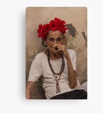 Old lady smoking cuban cigar in Havana Canvas Print