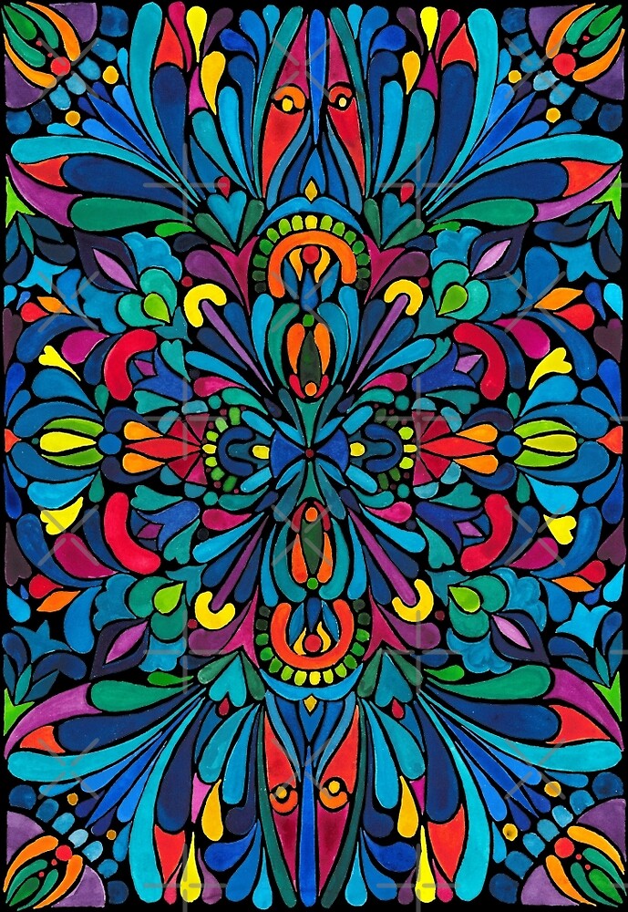 "Caribbean inspired watercolor mandala pattern BLACK" by zsalto