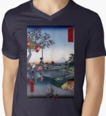 Utagawa Hiroshige Das Teehaus mit Blick auf den Berg Fuji T-Shirt mit V-Ausschnitt