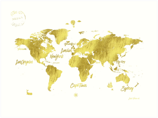 "Gold World Map Jules Verne Inspiring" Art Print By