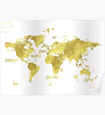 Gold world map Jules Verne inspiring Poster