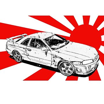 Impression métallique for Sale avec l'œuvre « Nissan GTR R34 Skyline Manga  Soleil Levant » de l'artiste GeeknGo